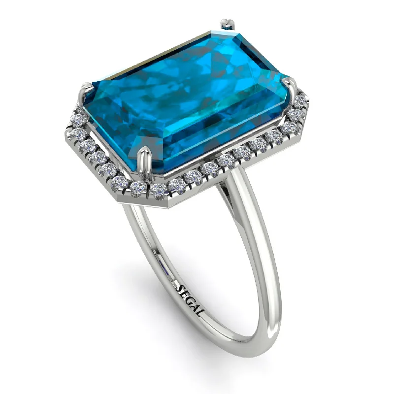 Stylish Gemstone Wedding Bands-Halo Emerald Cut Blue Topaz Engagement Ring - Izabella No. 503