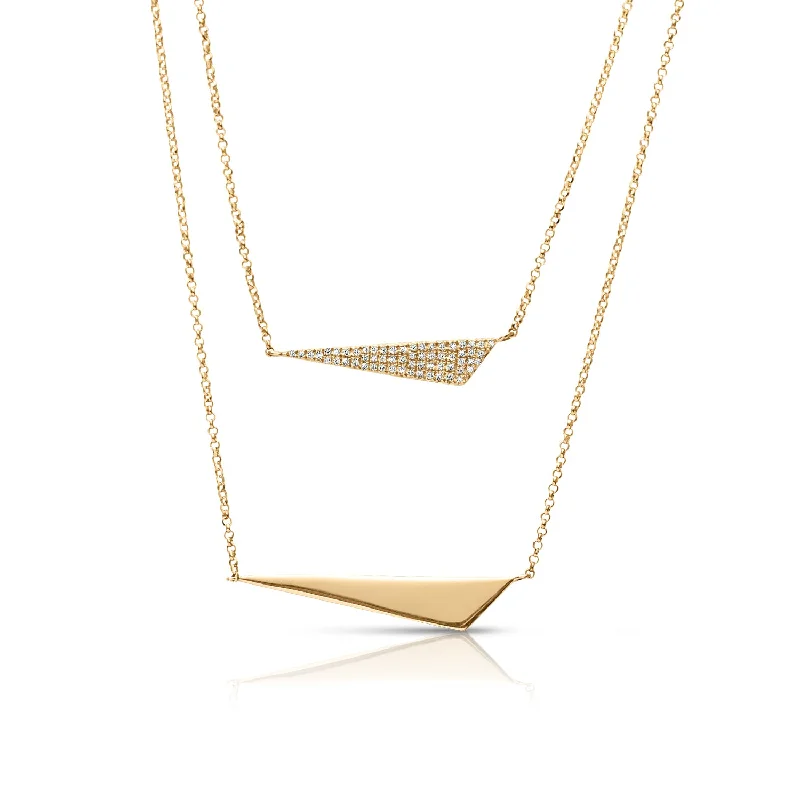 Custom Gold Necklaces-Pave and Plain Double Chain 0.16 ctw Diamond Necklace Pendant