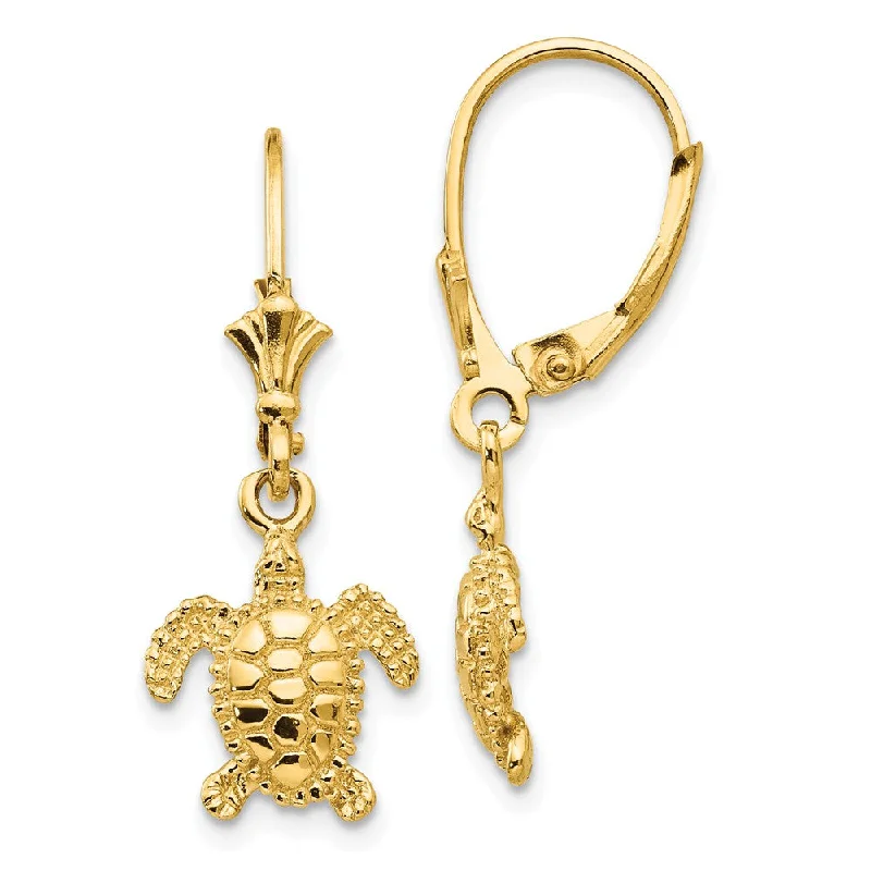 Chic Dangle Earrings-11mm Textured Sea Turtle Lever Back Earrings in 14k Yellow Gold