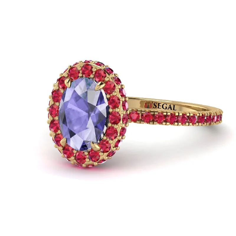 Wedding Ring Sets-Oval Tanzanite Halo Hidden Rubies Ring - Amy No. 210