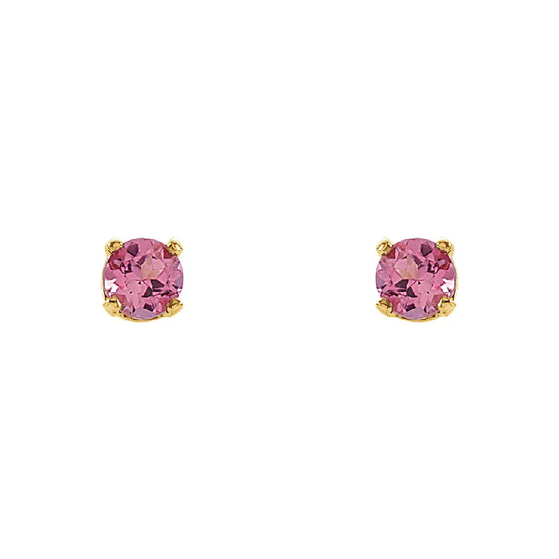 Handmade Hoop Earrings-Kids 14k Yellow Gold 3mm Pink Tourmaline Youth Threaded Post Earrings