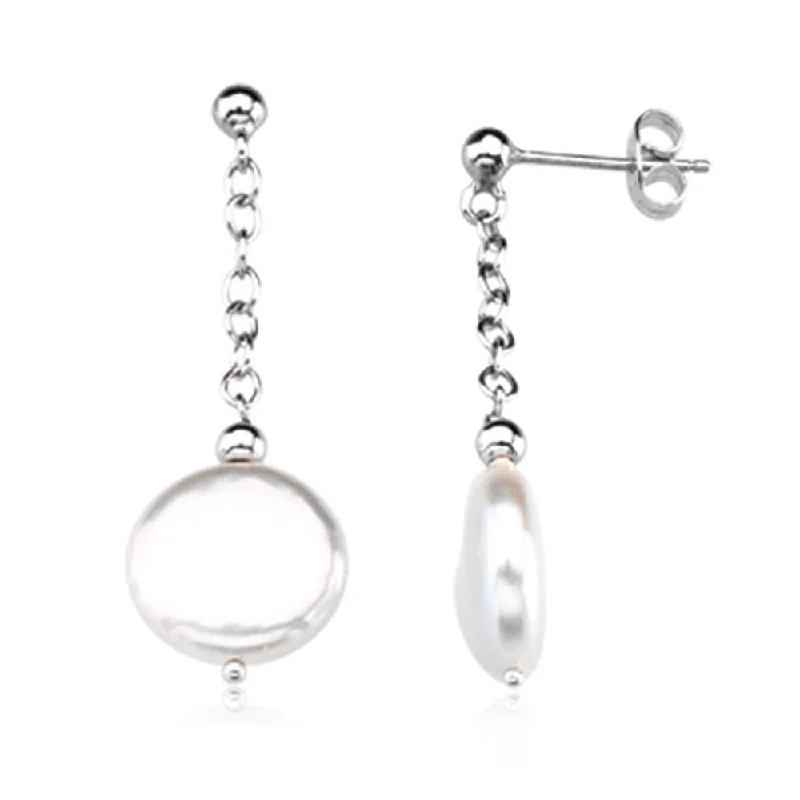 Sparkling Drop Earrings-12-13mm White Freshwater Cultured Coin Pearl Sterling Silver Earrings