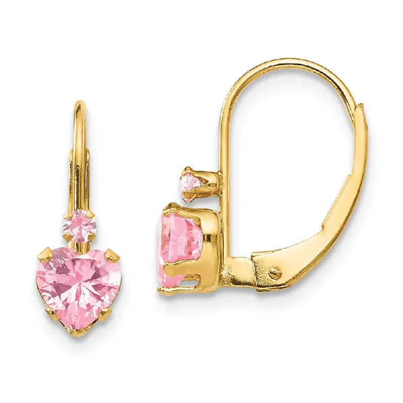 Silver and Gold Earrings-Kids Pink Cubic Zirconia Heart Lever Back Earrings in 14k Yellow Gold