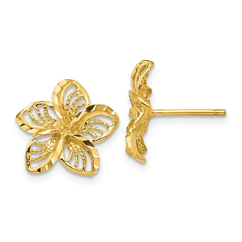 High-Quality Earrings-12mm Diamond Cut Filigree Plumeria Post Earrings in 14k Yellow Gold