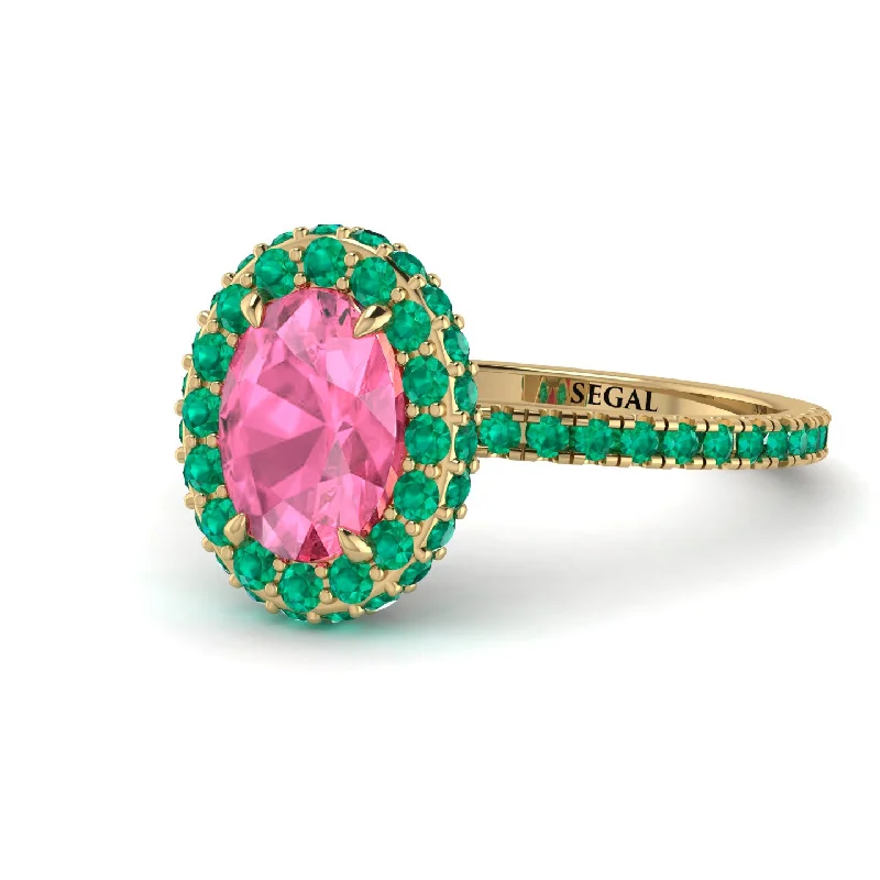 Men’s Wedding Rings-Oval Pink Moissanite Halo Hidden Emeralds Ring - Amy No. 804