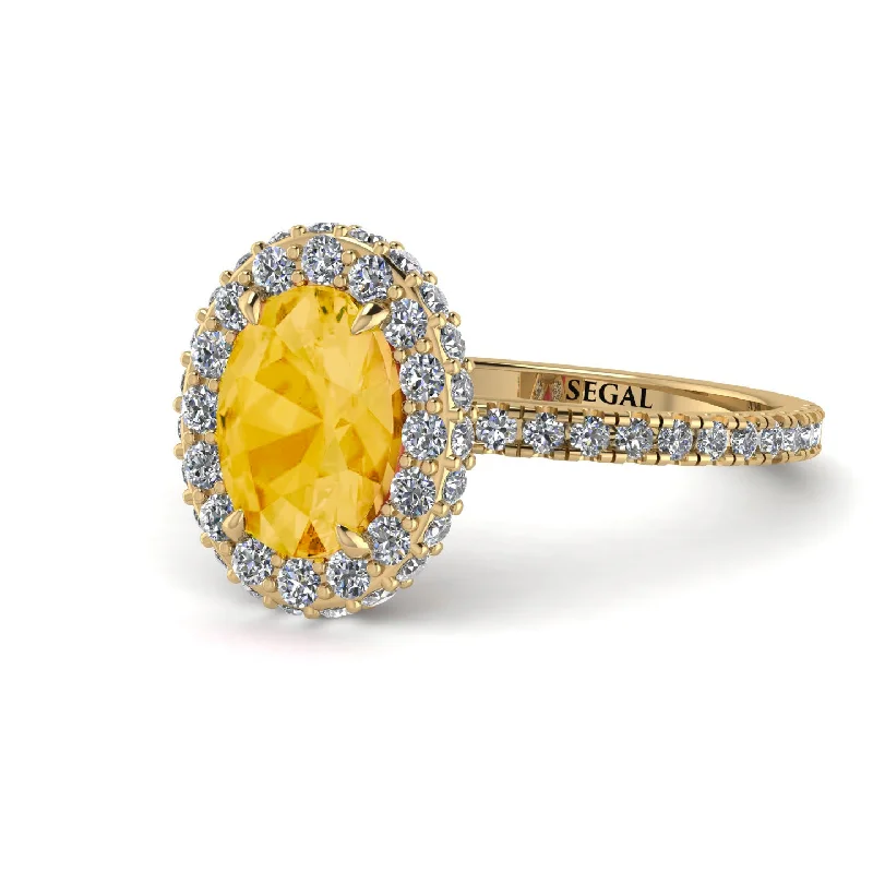 Elegant Silver Rings-Oval Citrine Halo Hidden Diamonds Ring - Amy No. 601