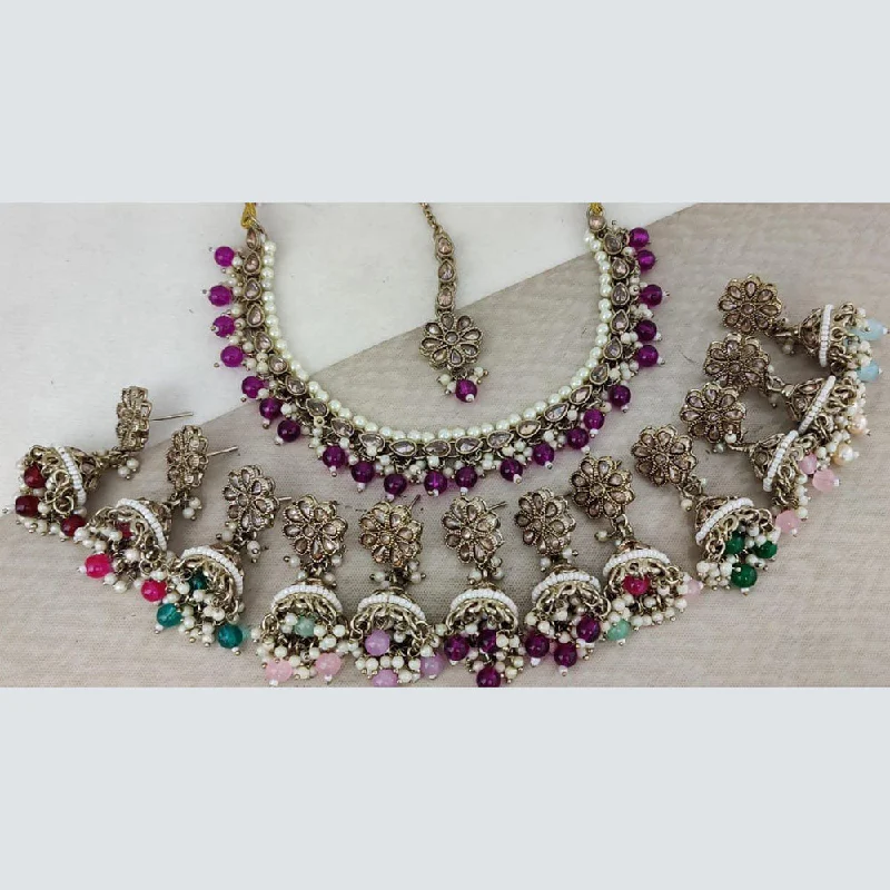 Luxury Diamond Necklaces-Rani Sati Jewels Gold Plated Crystal Stone And Beads Necklace Set