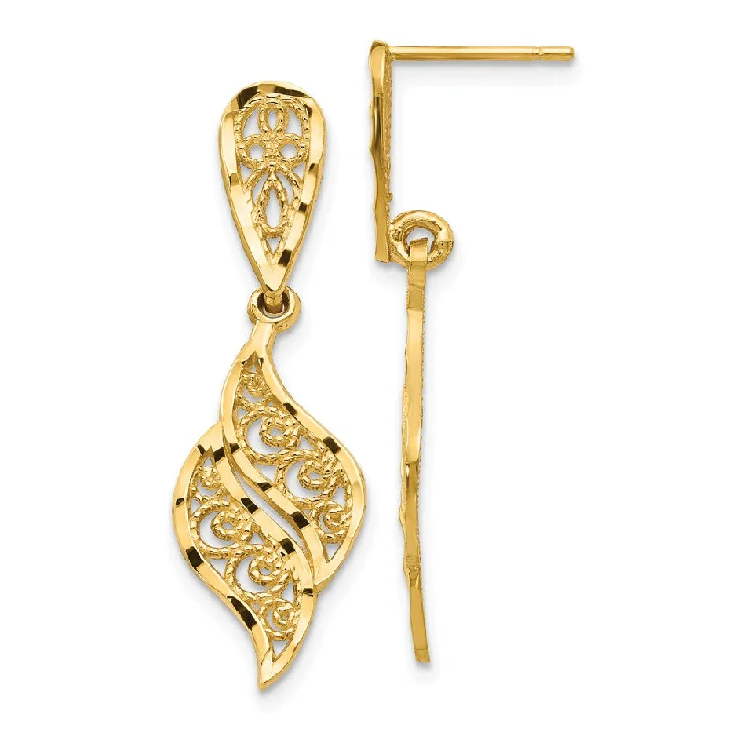 Simple Dangle Earrings-Diamond Cut Filigree Swirl Dangle Post Earrings in 14k Yellow Gold