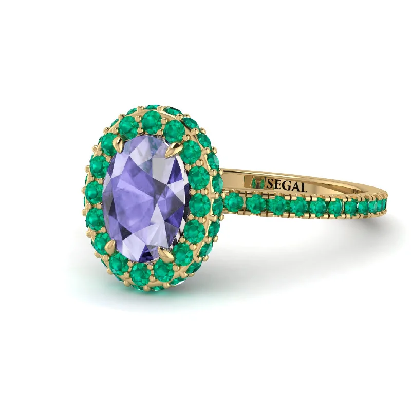 Vintage Style Diamond Rings-Oval Tanzanite Halo Hidden Emeralds Ring - Amy No. 204