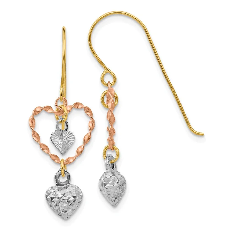 Bright Gemstone Earrings-Tri-Color Triple Heart Dangle Earrings in 14k Gold