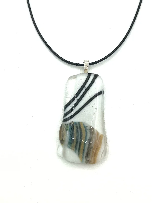 Unique Chain Necklaces-Necklace with Fused Glass Pendant, Small Pendant, White with Stripes