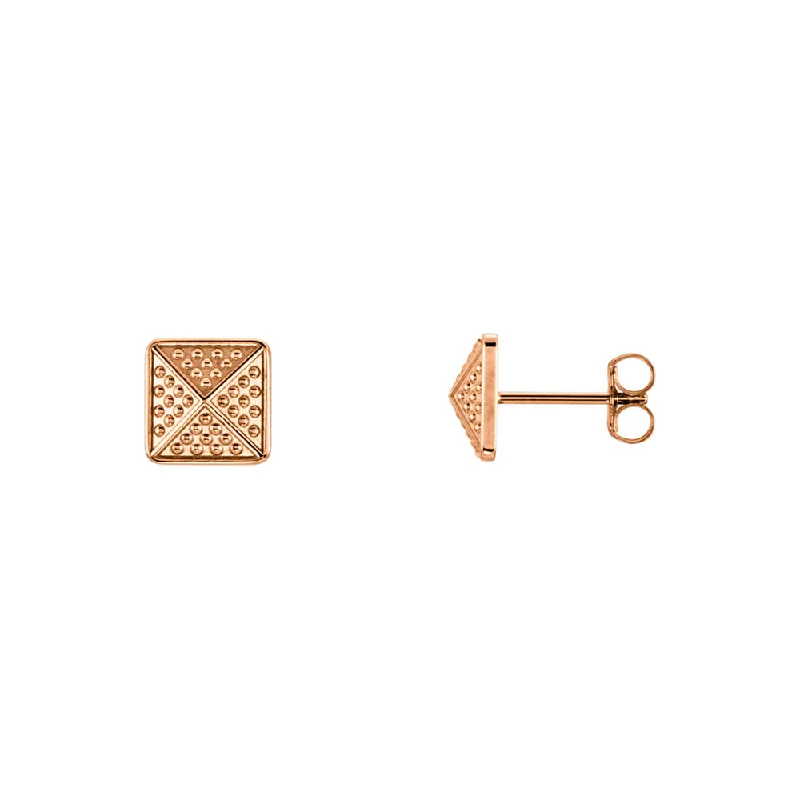 Statement Gemstone Earrings-8mm Textured Square Pyramid Stud Earrings in 14k Rose Gold