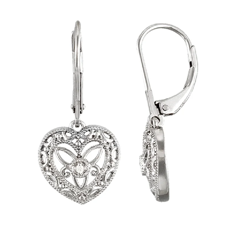 Vintage Silver Earrings-Vintage Style Diamond Heart Earrings in Sterling Silver