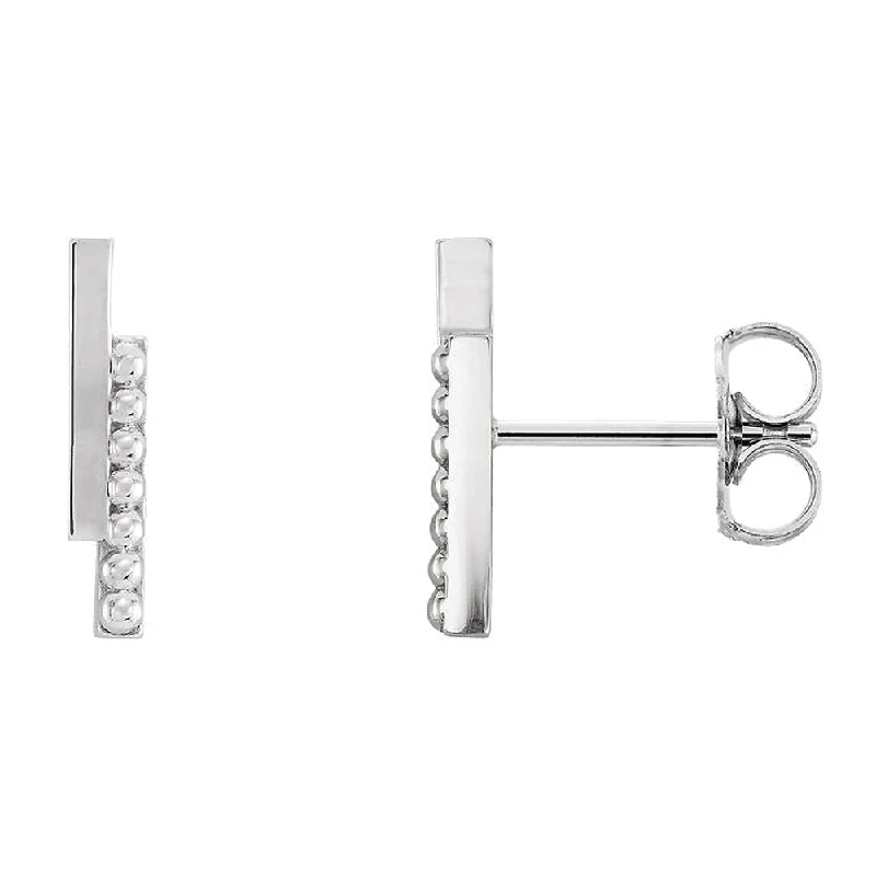 Crystal Stud Earrings-2.3 x 12mm (7/16 Inch) 14k White Gold Polished & Beaded Bar Earrings