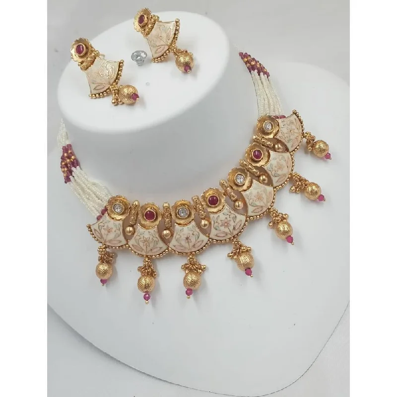 Fine Gold Pendant Necklaces-Akruti Collection Gold Plated Meenakari Pearls Choker Necklace Set