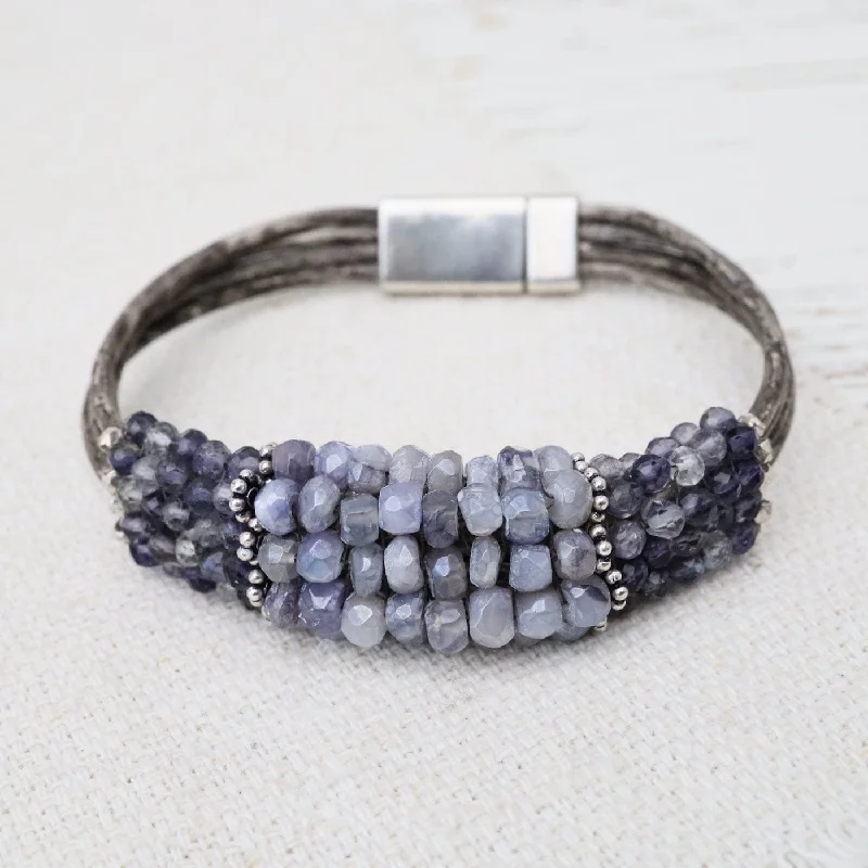 Personalized Wedding Bracelets-Hand Stitched Banded Iolite with Silver Trim on Multi Strand Leather Bracelet