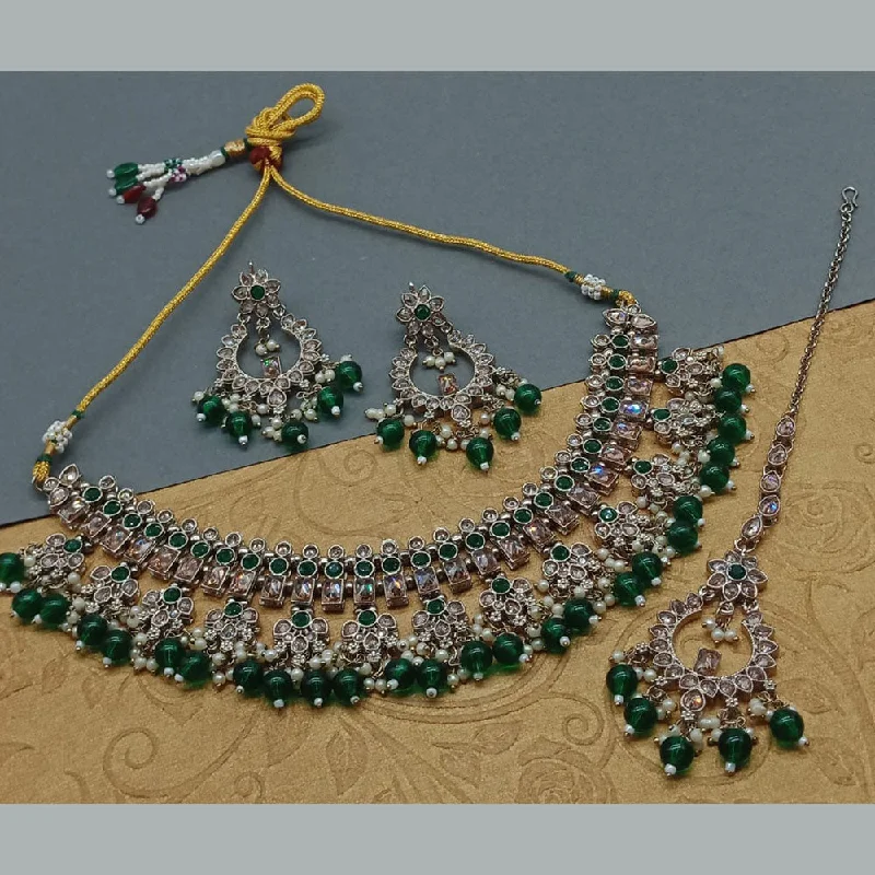 Bridal Pendant Necklaces-India Art Gold Plated Crystal Stone And Beads Necklace Set