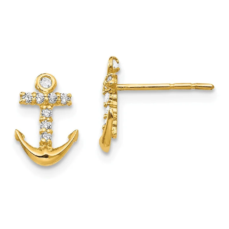 Hoop Earrings for Women-Children's 14k Yellow Gold & CZ 9mm Anchor Cross Post Earrings