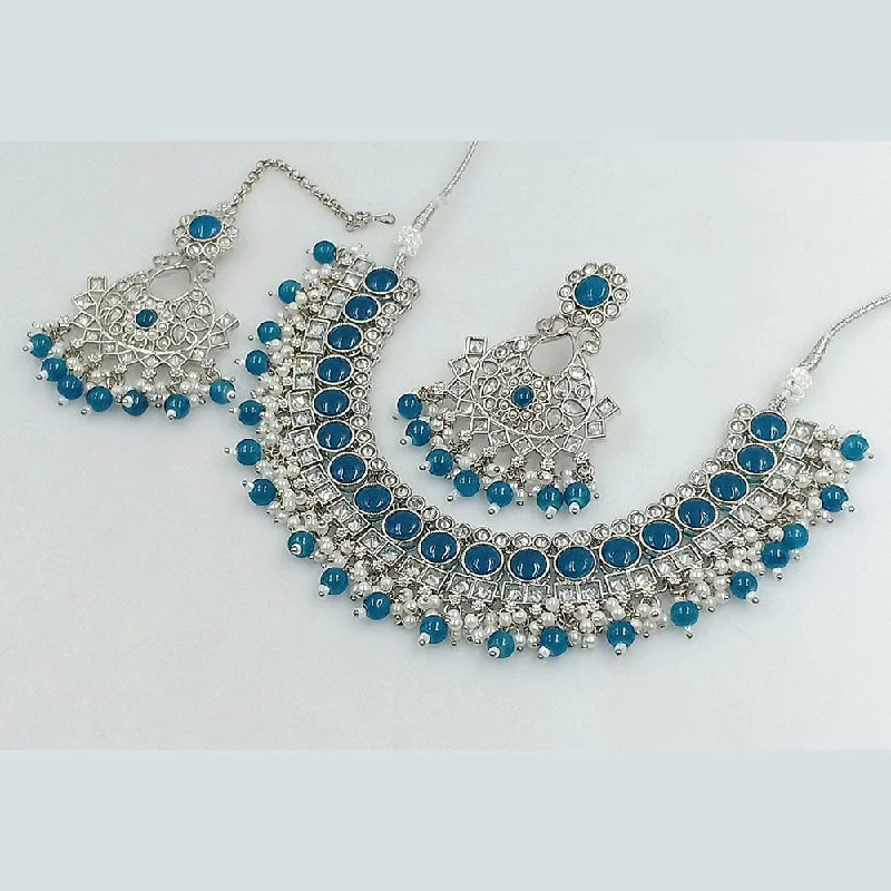 Simple Silver Necklaces-Rani Sati Jewels Silver Plated Crystal Stone And Beads Necklace Set