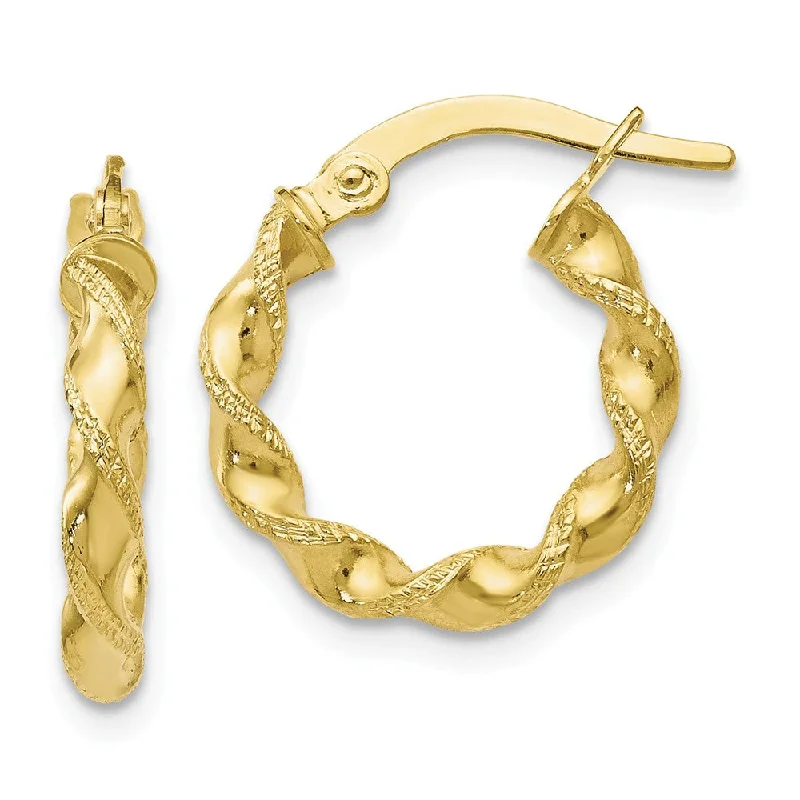 Gold Crystal Earrings-2.5mm 10k Yellow Gold Polished & Textured Twisted Hoops, 15mm