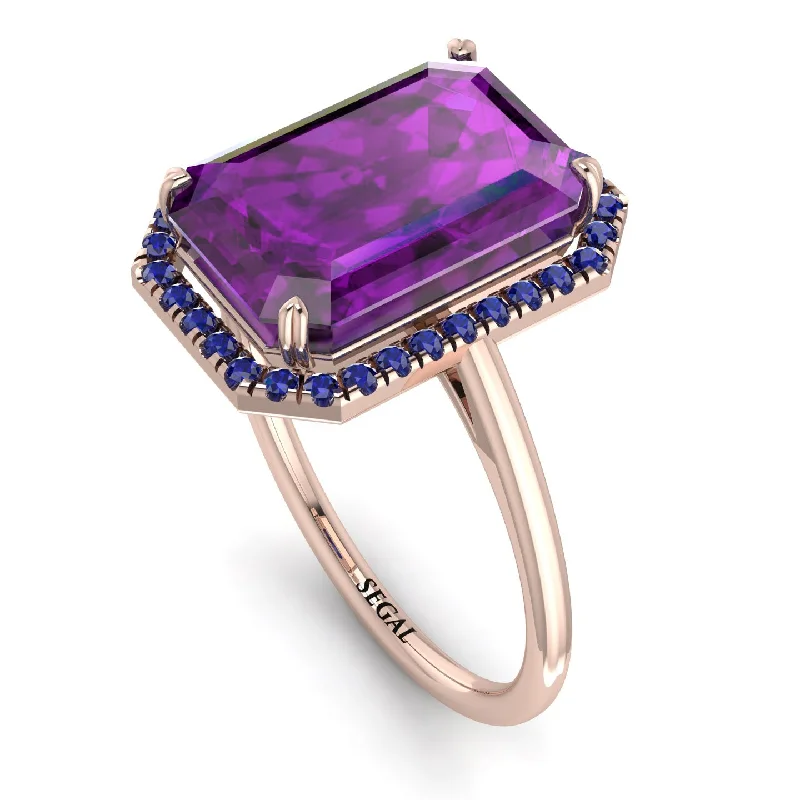 Designer Wedding Rings-Halo Emerald Cut Amethyst Engagement Ring - Izabella No. 314