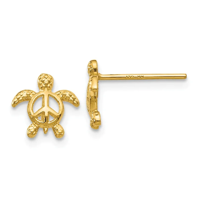 Elegant Dangle Earrings-Kids 8mm Open Peace Sign Turtle Post Earrings in 14k Yellow Gold