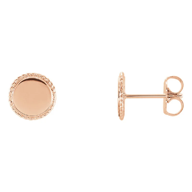 Rose Gold Earrings-8mm (5/16 Inch) 14k Rose Gold Engravable Rope Edge Circle Earrings