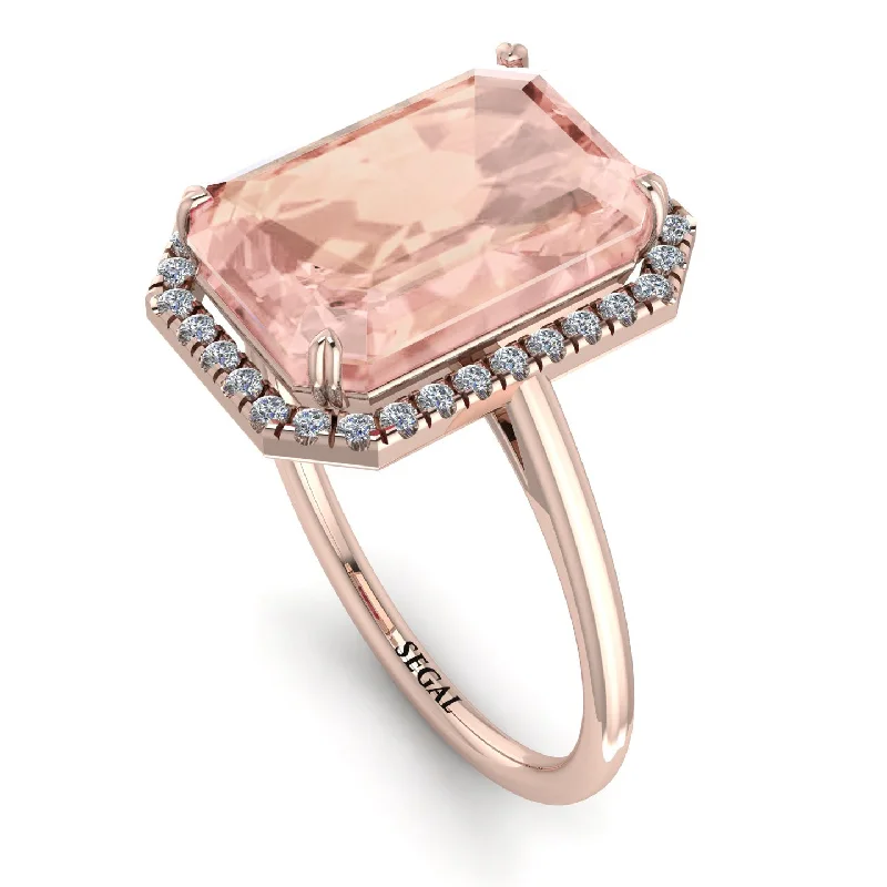 Trendy Wedding Bands-Halo Emerald Cut Morganite Engagement Ring - Izabella No. 902