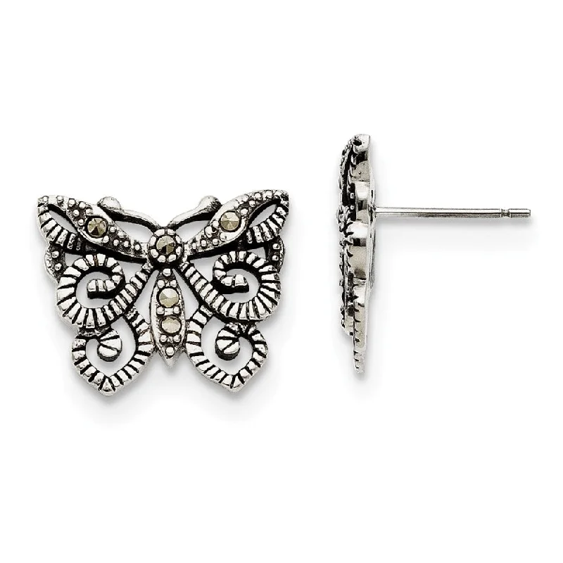 Crystal Drop Earrings-18mm Marcasite Scroll Butterfly Post Earrings in Stainless Steel