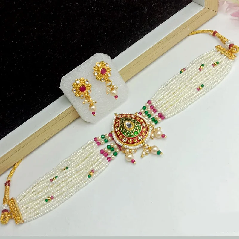 Birthstone Pendant Necklaces-SP Jewellery Gold Plated Kundan And Pearl Choker Necklace Set