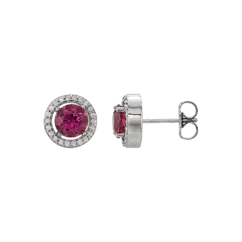 Unique Crystal Earrings-8mm Halo Style Pink Tourmaline & Diamond Earrings in 14k White Gold