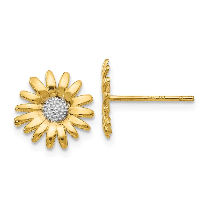 Trendy Wedding Earrings-10mm Two Tone Sunflower Post Earrings in 14k Yellow Gold