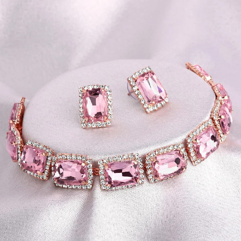 Statement Crystal Necklaces-Shrishti Fashion Enchanting Squire Shape Pink Stone Rose Gold Plated Collar Necklace Set For Women