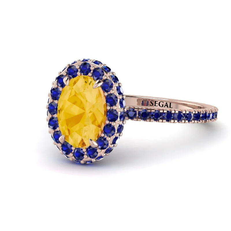 Modern Gold Rings-Oval Citrine Halo Hidden Sapphires Ring - Amy No. 614