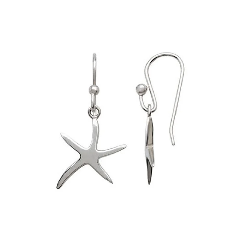 Wedding Jewelry Earrings-Polished Pencil Starfish Dangle Earrings in Sterling Silver