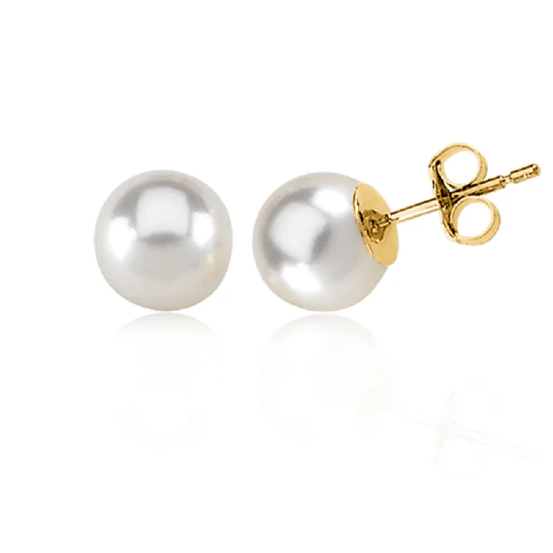 Luxury Silver Earrings-8mm White Akoya Cultured Pearl and 14k Yellow Gold Stud Earrings