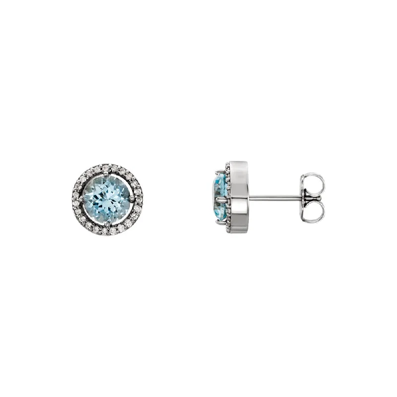 High-Quality Earrings-9mm Halo Style Aquamarine & Diamond Earrings in 14k White Gold