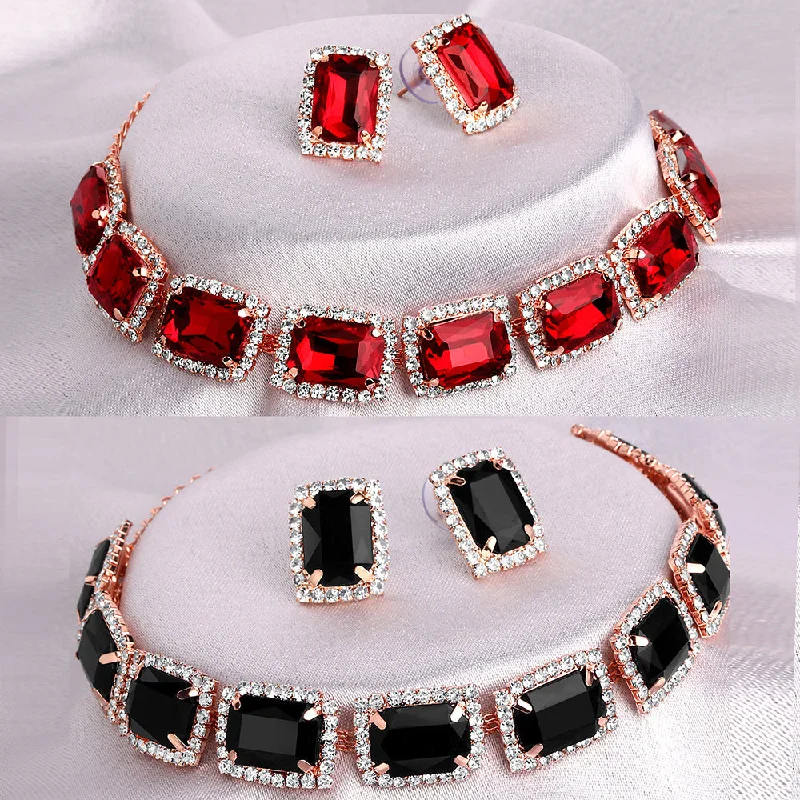 Diamond Choker Necklaces-Shrishti Fashion Fabulous Squire Red And Black Rose Gold Plated Set Of 2 Collar Necklace Set Combo For Women