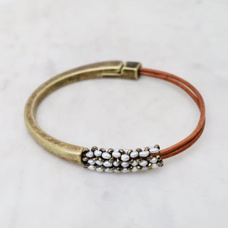 Bold Silver Bracelets-Hand Stitched Tiny Rice Pearls & Pyrite Leather 1/2 Cuff Bracelet