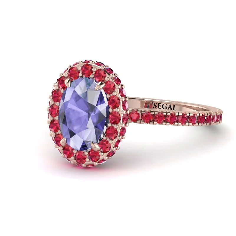 Personalized Engagement Rings-Oval Tanzanite Halo Hidden Rubies Ring - Amy No. 211