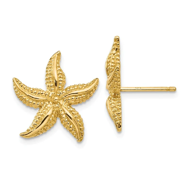 Chic Dangle Earrings-15mm Satin Textured Starfish Post Earrings in 14k Yellow Gold