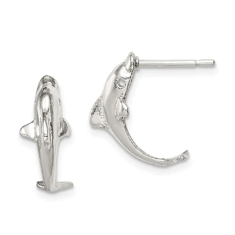 Handmade Earrings-Polished Dolphin Drop Post Earrings in Sterling Silver