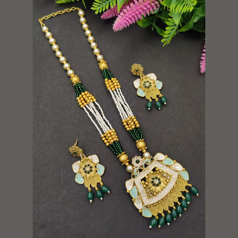 Silver Gemstone Necklaces-SP Jewellery Gold Plated Pota And Meenakari Long  Necklace Set