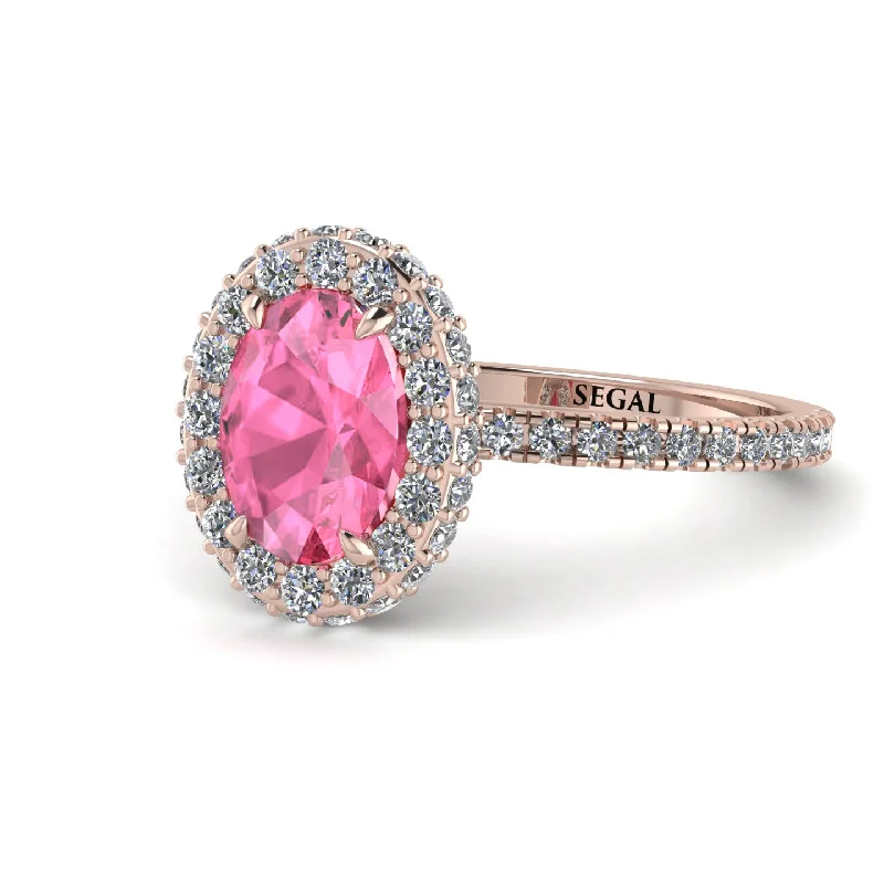 Adjustable Silver Rings-Oval Pink Moissanite Halo Hidden Diamonds Ring - Amy No. 802