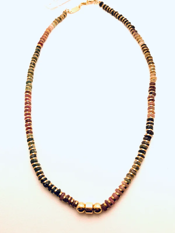 Long Gemstone Necklaces-Rainbow Tourmaline Necklace with 14K Gold Plated Brass