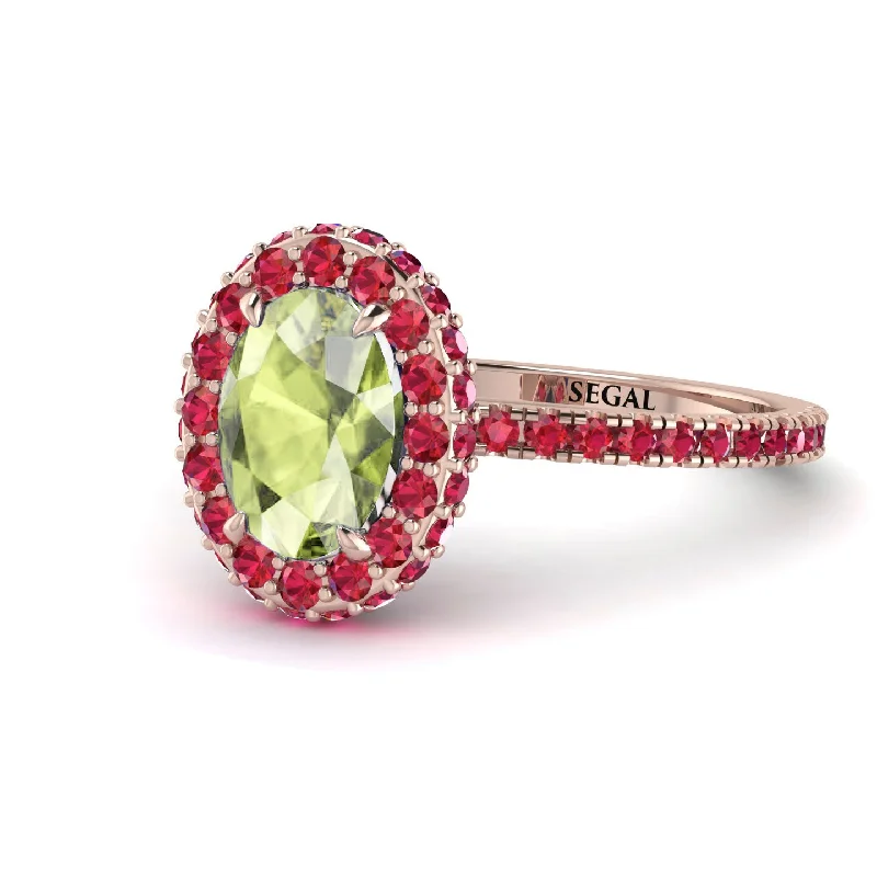 Antique Style Wedding Rings-Oval Peridot Halo Hidden Rubies Ring - Amy No. 711