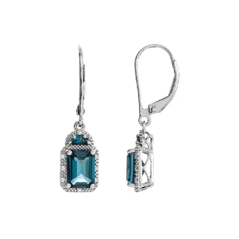 Lightweight Earrings for Women-London Blue Topaz & Diamond Lever Back Earrings in 14k White Gold