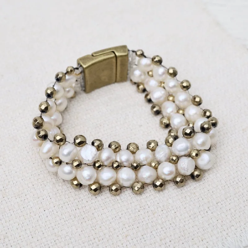 Simple Silver Chain Bracelets-Hand Woven Soft Bracelet of White Pearls & Pyrite