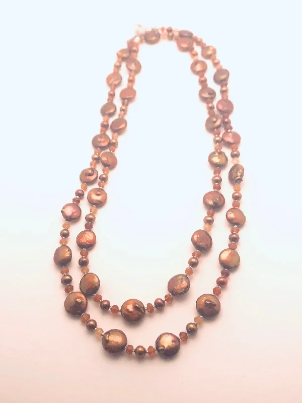 Fashionable Necklaces for Women-Copper Coin Blister and Potato Pearls, Hessonate Garnet Necklace