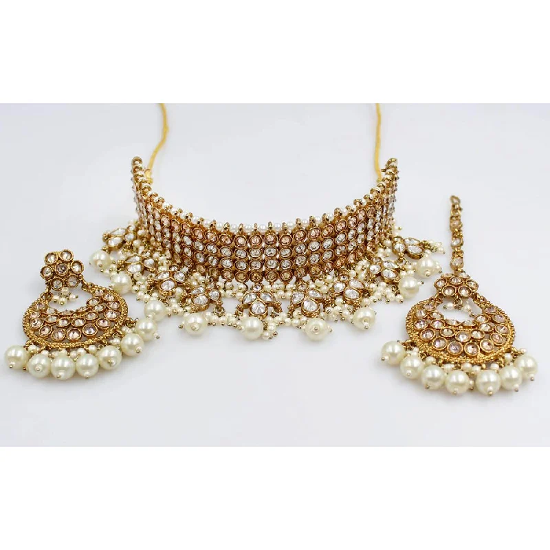 Sparkling Gold Chain Necklaces-Rani Sati Jewels Gold Plated Crystal Stone Choker Necklace Set